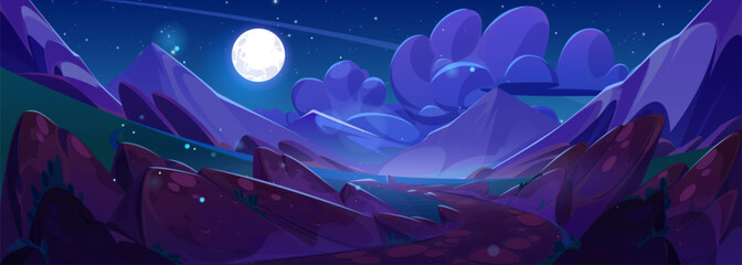 Wall Mural - Night mountain landscape with full moon shining in sky. Vector cartoon illustration of beautiful nature, stones and green grass on sides of footpath leading to valley lake, mysterious fireflies in air