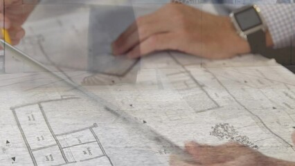 Poster - Animation of caucasian male architect drawing over people walking and cityscape