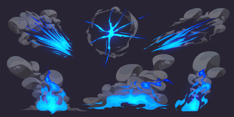 Cartoon set of explosion effects with neon blue fire and grey clouds of smoke. Vector illustration of comic style blast, puff, fast speed motion, dust trail, boom wave animation isolated on black