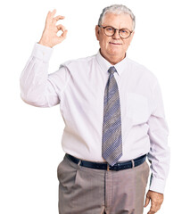 Sticker - Senior grey-haired man wearing business clothes smiling positive doing ok sign with hand and fingers. successful expression.