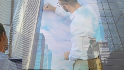 Poster - Animation of diverse business people in office over cityscape