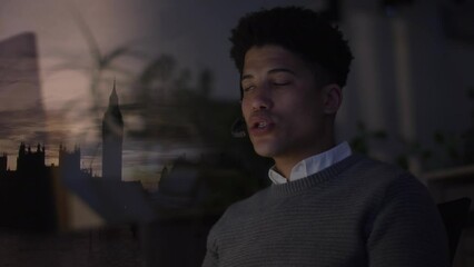 Poster - Animation of biracial businessman in office over cityscape