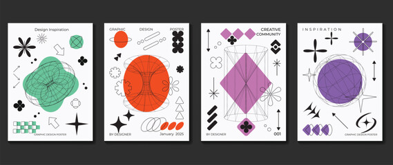 Modern y2k design background cover. Abstract element graphic with lines, wireframes, futuristic shapes. Aesthetic cards collection illustration for flyer, brochure, invitation, social media, poster.