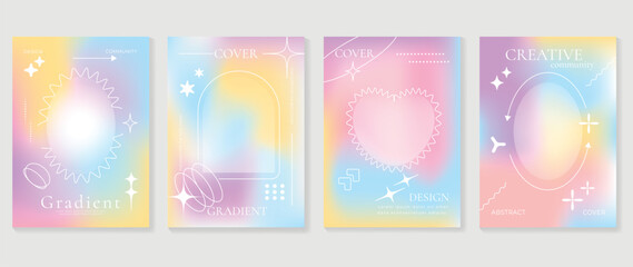 Wall Mural - idol lover posters set. cute gradient holographic background vector with pastel colors, frame, spark