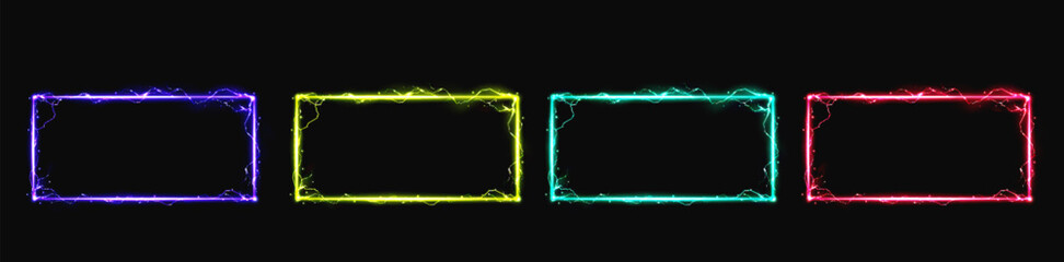 Poster - neon lightning effect electric glow frame vector. magic spark border with thunder sign energy. magic
