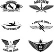 Set of airplane show labels isolated on white background. Air forse. Flying club. Design elements in vector.