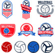 Set of  volleyball labels and logos for volleyball teams, tournaments, championships isolated on white background. Set of volleyball balls. Vector illustration.