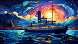 Fototapeta Nowy Jork - hand drawn cartoon beautiful illustration of a ship sailing on the sea at night
