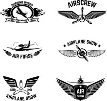 Set Of Airplane Show Labels Isolated On White Background. Air Forse. Flying Club. Design Elements In Vector.