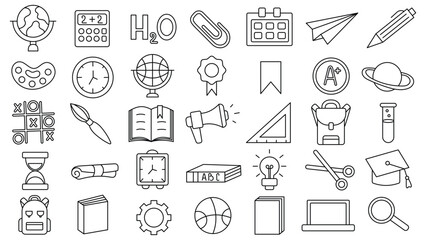 Wall Mural - Back to school. Set of editable stroke icons of office supplies for studying at school. Collection isolated education kids accessory. vector object stuff design. graphic patch element children study