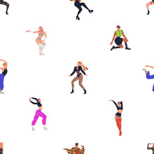 Vogue Dancers, Seamless Pattern. Fashion Modern Dance Style, Repeating Print. Endless Background, Sexy Sassy Young Men, Women In Trendy Costumes. Colored Flat Graphic Vector Illustration For Textile