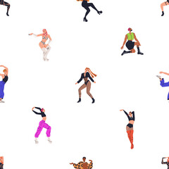 Poster - Vogue dancers, seamless pattern. Fashion modern dance style, repeating print. Endless background, sexy sassy young men, women in trendy costumes. Colored flat graphic vector illustration for textile