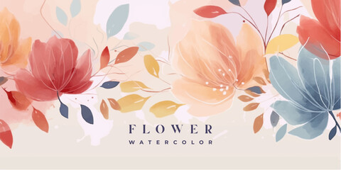 Wall Mural - flower watercolor art background vector. wallpaper design with floral paint brush line art. leaves a
