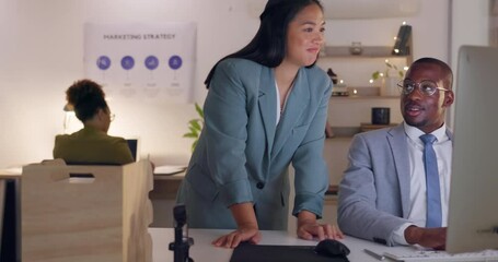 Aufkleber - Computer, training and mentor helping black man, new worker or intern with project management at night. Leadership, coaching and business people in office, learning or teaching employee teamwork.