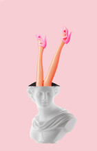 Creative Art Collage Of Ancient Statue Head With Female Legs In Pink Shoes Flying Out Of It's Head On Pink Background. Foot Fetishism And Sex Addiction Concept.