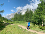 Fototapeta  - Hikers along the Tour du Mont Blanc. 170 km trekking trail through France, Italy and Switzerland, it is one of the world’s classic multi day treks. Val Ferret, Courmayeur, Italy.