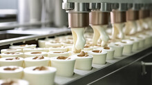 Automatic Production Line Of Ice Cream. Dairy Products Manufacturing Line. Industrial Equipment At Food Factory.

