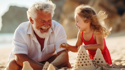 Wall Mural - A man and a little girl playing in the sand. Generative AI image.