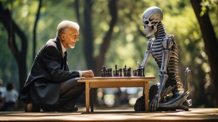 Wall Mural - A man and a skeleton playing chess in a park. Generative AI image.