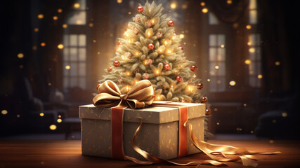 Wall Mural - Christmas gift box or present with bow ribbon. Christmas tree with baubles and candles. Bokeh background.