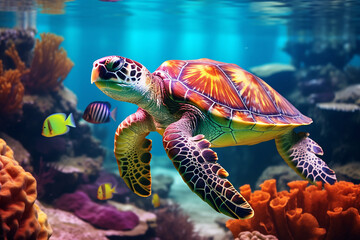 Wall Mural - Generative AI a turtle swimming in the ocean in the reef
