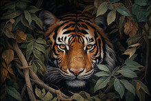 A Tiger Hiding In The Leaves Of A Tree.ai Generative