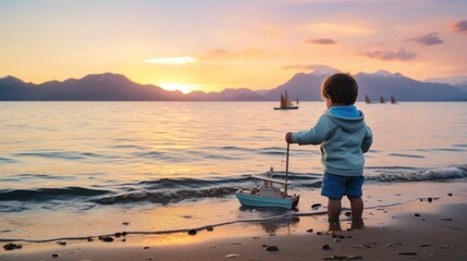 Canvas Print - A little boy standing on a beach holding a toy boat. Generative AI image.