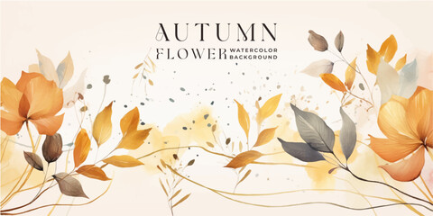 Wall Mural - autumn background vector. hand painted watercolor and gold brush texture, flower and botanical leave