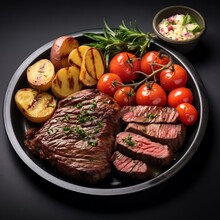 Grilled Beef Steak With Baked Potatoes And Tomatoes On A Black Background