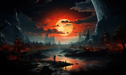 galactic fantasy landscape. fiery landscape of the planet.