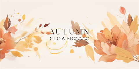 Wall Mural - autumn background vector. hand painted watercolor and gold brush texture, flower and botanical leave