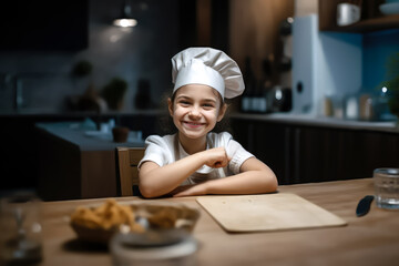 happy cute little girl chef baker in an apron and hat chef sitting at the table. generative AI