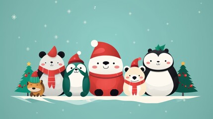 Sticker - A group of animals wearing christmas hats and scarves. Generative AI image.