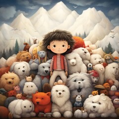 Canvas Print - A painting of a girl surrounded by stuffed animals. Generative AI image.