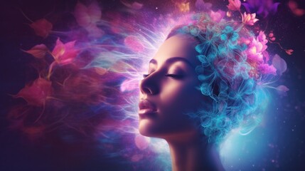 Wall Mural - A woman with her eyes closed and a flower in her hair. Generative AI image.