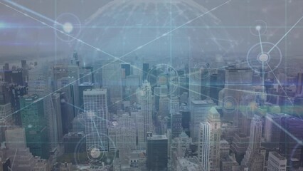 Poster - Animation of network of connections over spinning globe against aerial view of cityscape