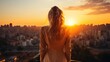 © starush - A woman looking out over a city at sunset. Generative AI image.