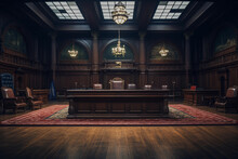 Empty American Style Courtroom. Supreme Court Of Justice And Court Of First Instance