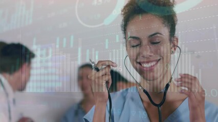 Poster - Animation of data processing over happy biracial female doctor holding a stethoscope at hospital