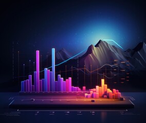 Canvas Print - A graphic of a bar chart with mountains in the background. Generative AI image.