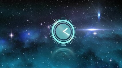 Poster - Animation of digital clock over stars and lens flares against abstract background