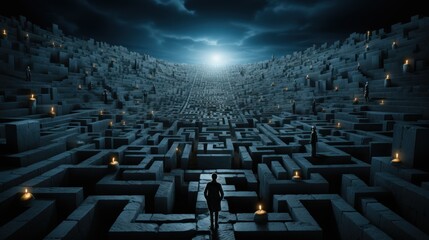 Poster - A person standing in a maze with candles. Generative AI image.