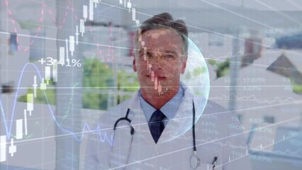 Poster - Animation of graphs with numbers over globe and smiling caucasian doctor standing arms crossed