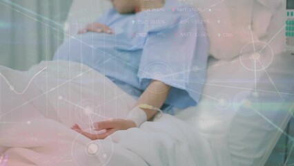 Poster - Animation of bars, connected dots, graphs, trading board, caucasian pregnant woman sleeping on bed