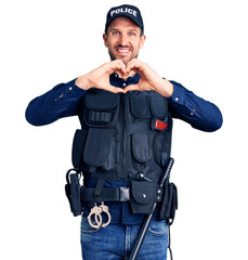 Poster - Young handsome man wearing police uniform smiling in love doing heart symbol shape with hands. romantic concept.