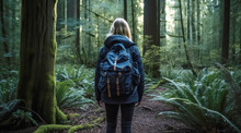 Rear View Of Lone Adventurer Stands In A Forest, Wearing A Backpack, Surrounded By Trees. She Gazes Ahead With Determination, Ready To Explore The Land. Generative AI