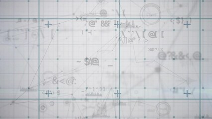 Poster - Animation of network of connections and changing symbols over grid network against grey background