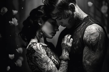 Poster - A man and a woman with tattoos on their arms. Generative AI image.