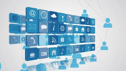 Poster - animation of multiple digital icons over network of profile icons against grey background