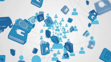 Poster - animation of multiple digital icons falling over network of profile icons against grey background